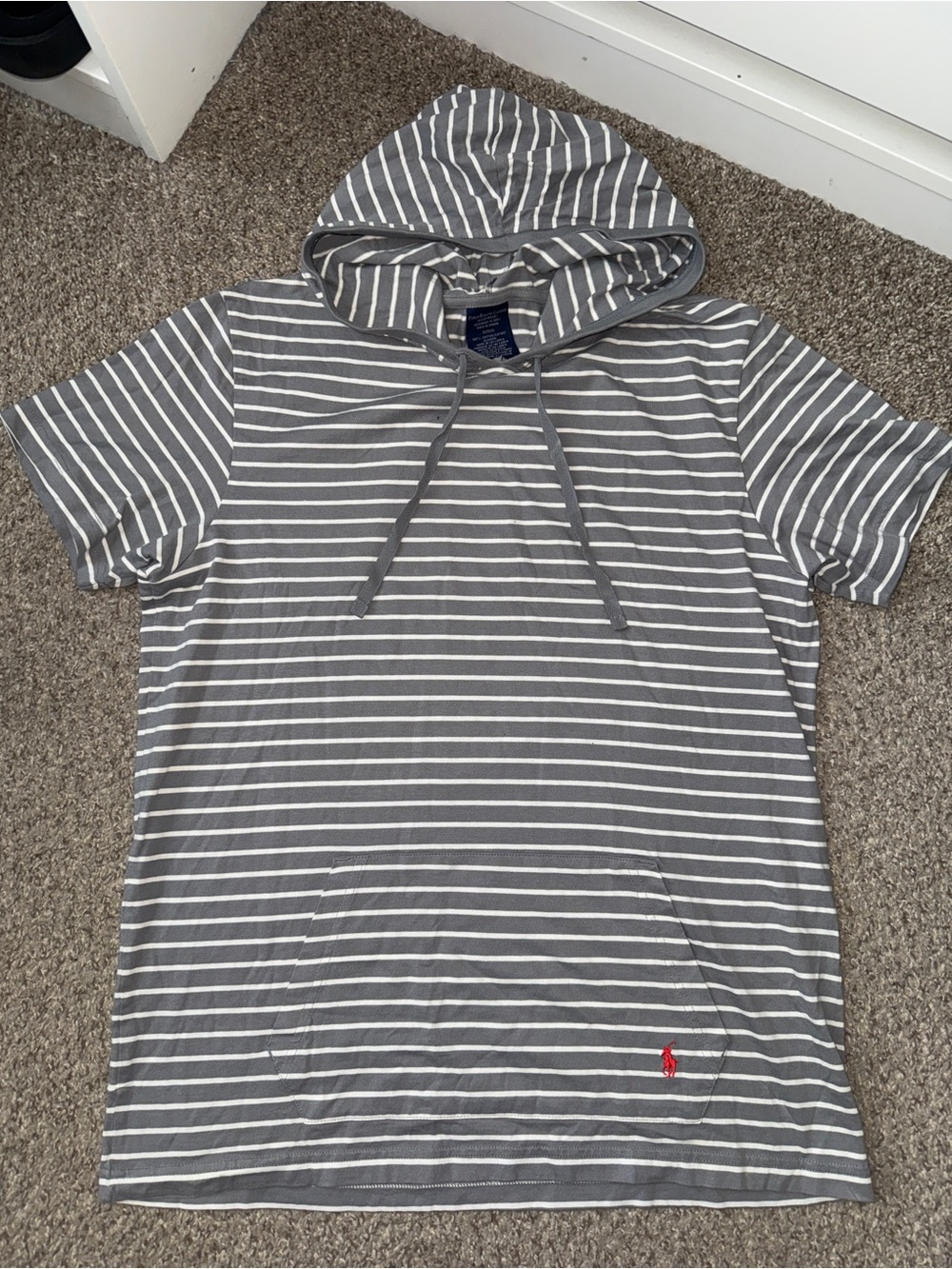 Polo by Ralph Lauren Gray and White Striped Short-Sleeve Hooded Lounge Tee